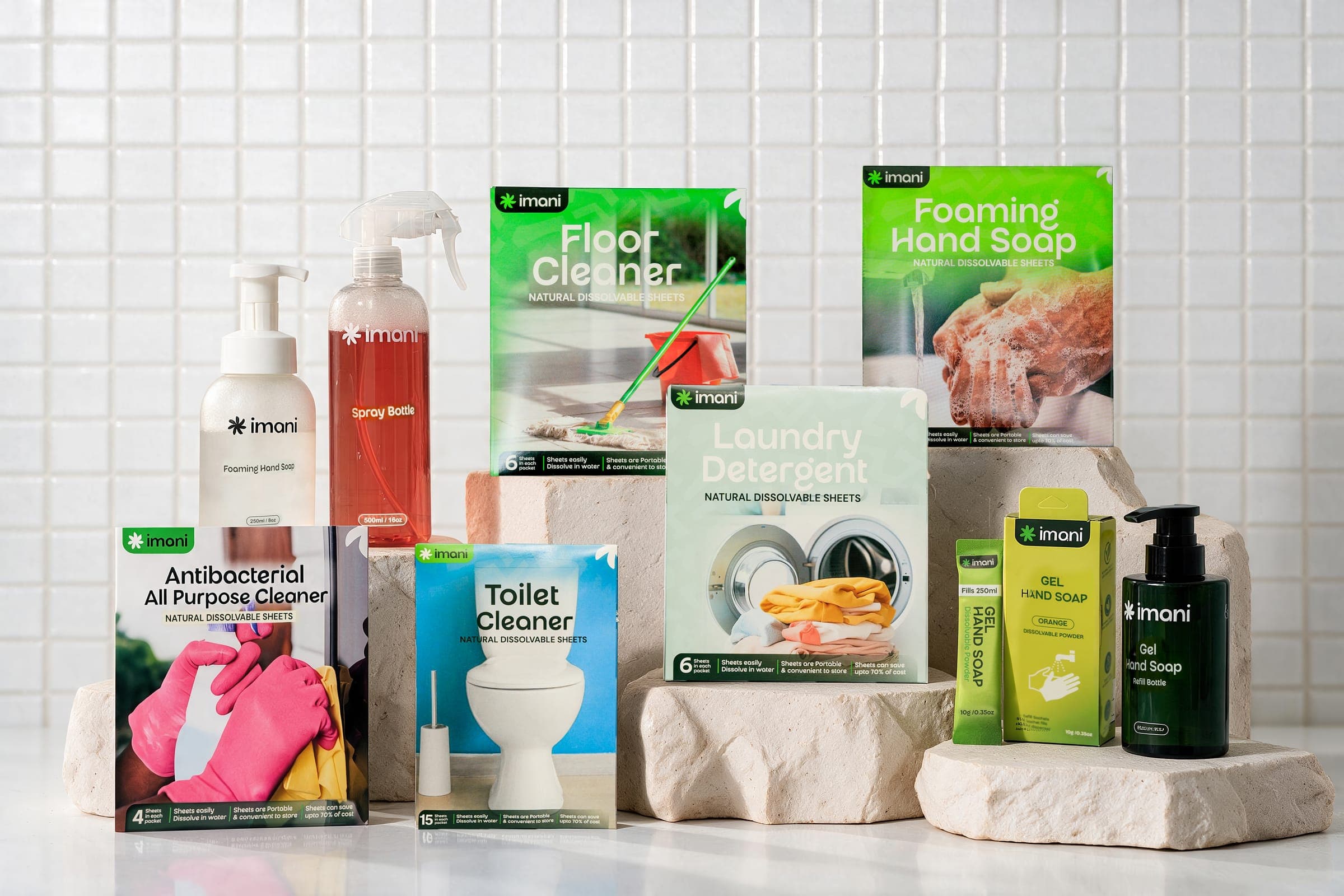 The full Imani range on a tiled counter