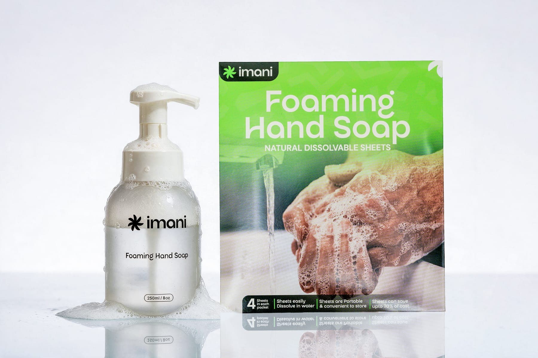 Foaming bottle with pump beside a Foaming Hand Soap pack